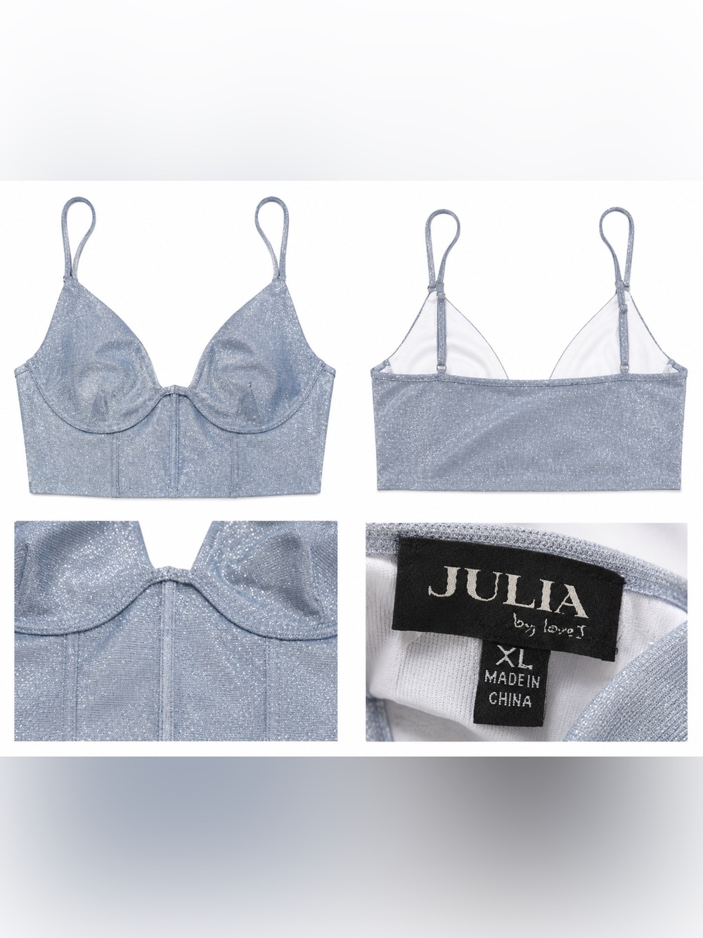 Julia Silver Periwinkle Sparkle Longline Bralette XL Underwire NWOT